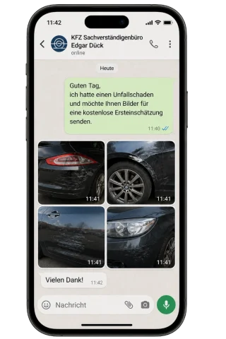 WhatsApp-Nachricht mit gesendeten Schadenbildern an Kfz-Sachverständigenbüro Edgar Dück zur Ersteinschätzung eines Unfallschadens